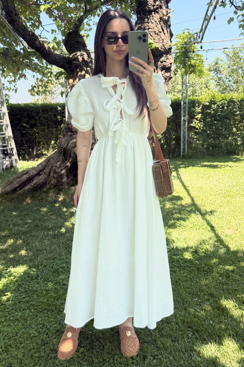 FRONT LACING LINEN LONG WOMEN DRESS WHITE-E BARDHE - 1