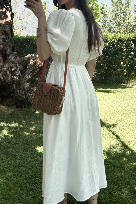 FRONT LACING LINEN LONG WOMEN DRESS WHITE-E BARDHE - 2