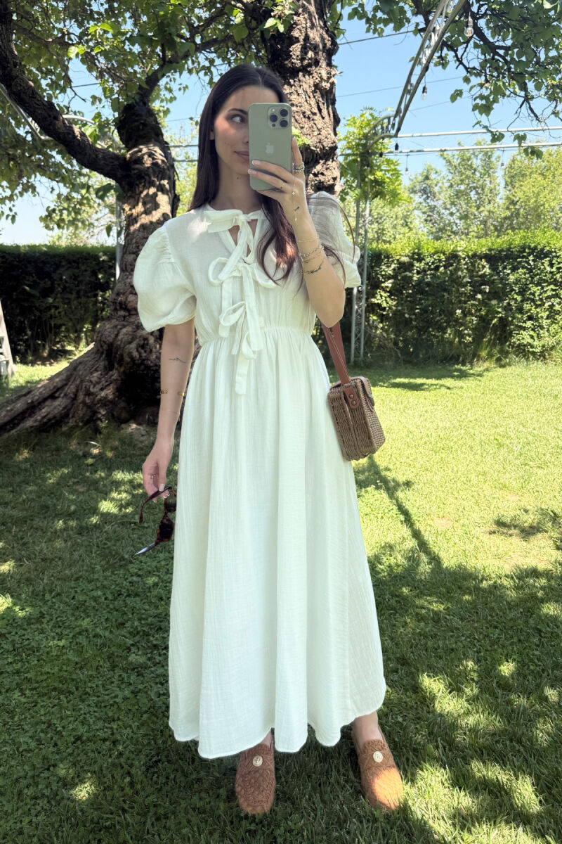 FRONT LACING LINEN LONG WOMEN DRESS WHITE-E BARDHE - 3