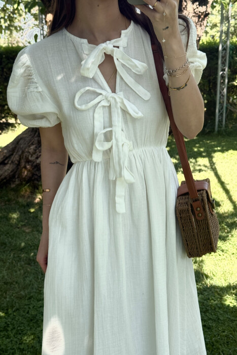 FRONT LACING LINEN LONG WOMEN DRESS WHITE-E BARDHE - 4