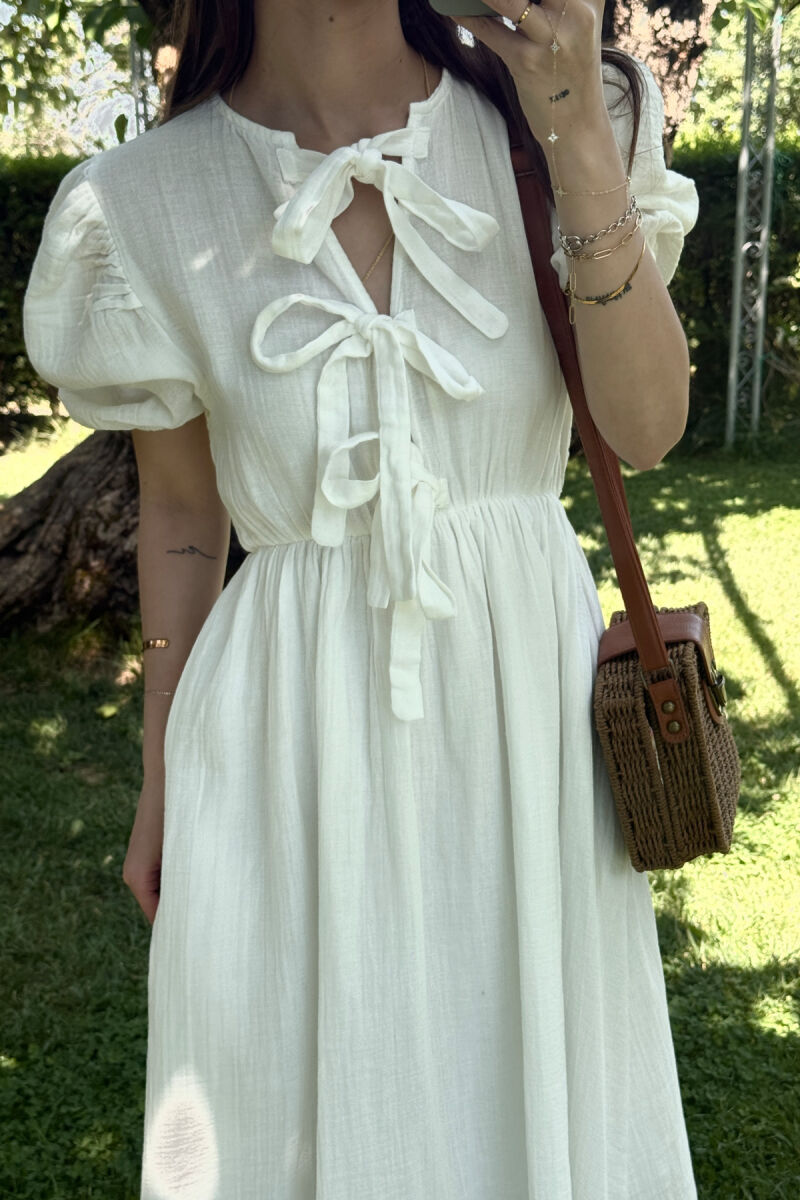 FRONT LACING LINEN LONG WOMEN DRESS WHITE-E BARDHE - 4