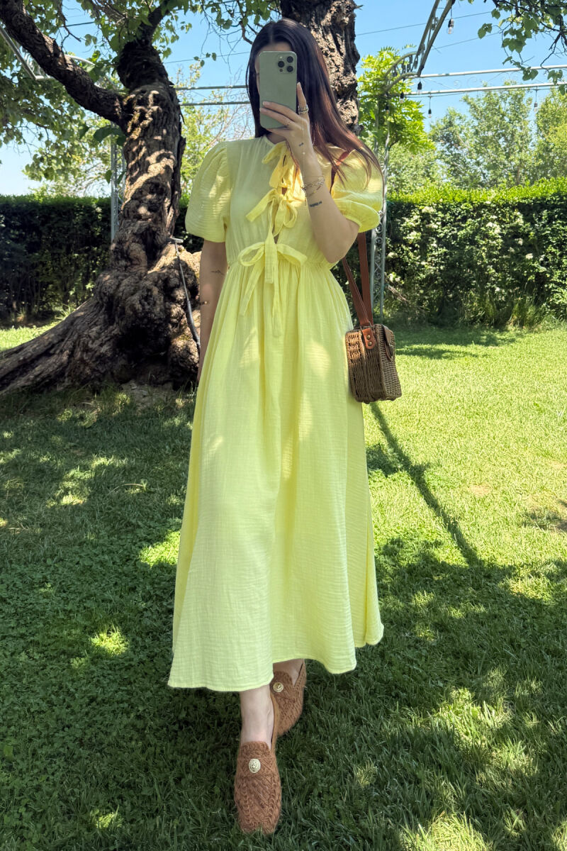 FRONT LACING LINEN LONG WOMEN DRESS YELLOW/E VERDHE - 1