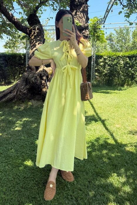 FRONT LACING LINEN LONG WOMEN DRESS YELLOW/E VERDHE - 2