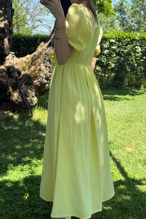 FRONT LACING LINEN LONG WOMEN DRESS YELLOW/E VERDHE - 3