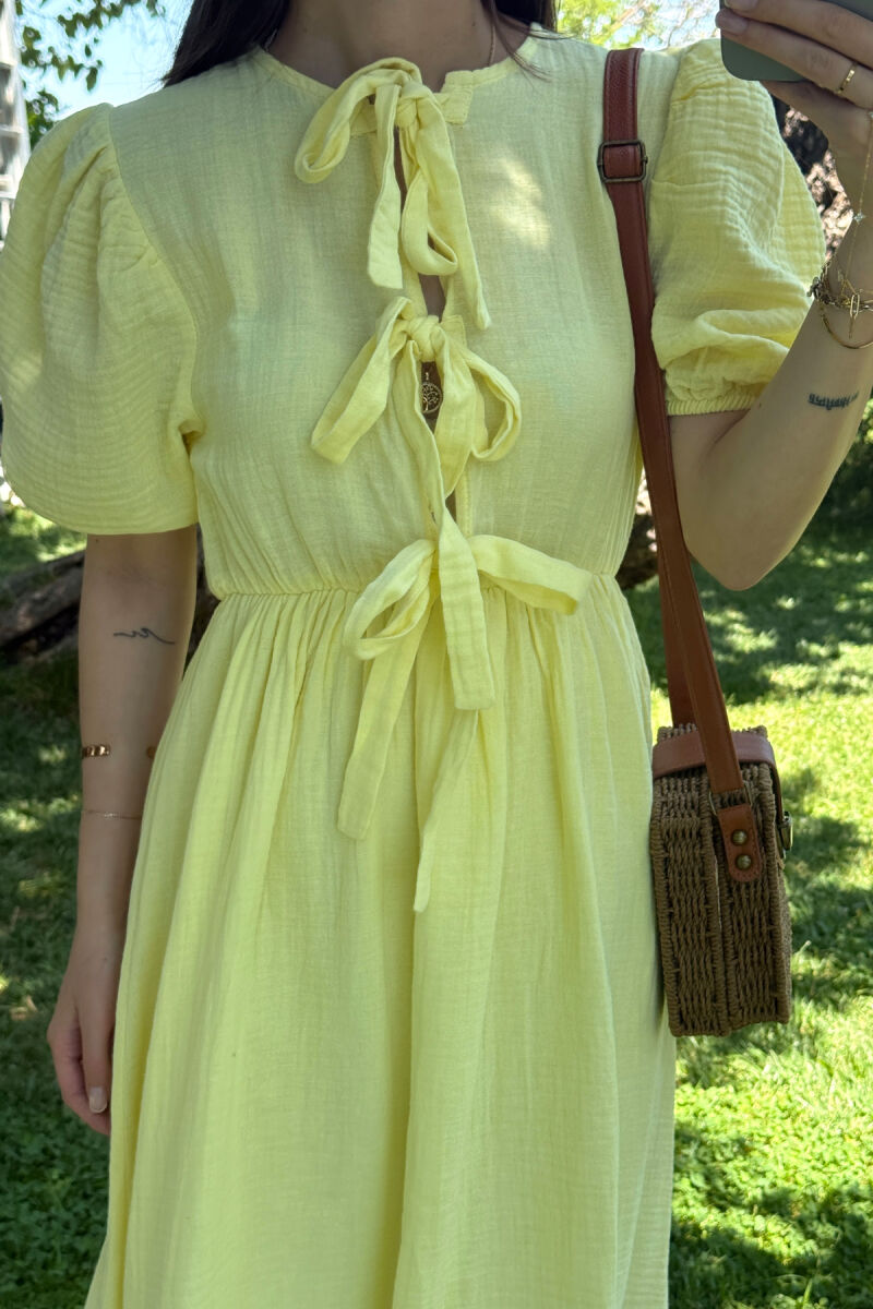 FRONT LACING LINEN LONG WOMEN DRESS YELLOW/E VERDHE - 4