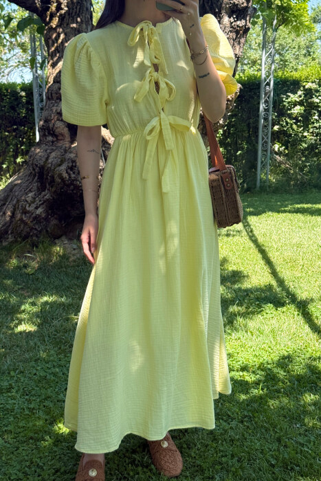 FRONT LACING LINEN LONG WOMEN DRESS YELLOW/E VERDHE - 5