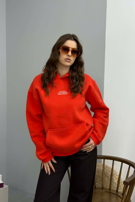 HOODIE ME PUSH DHE SHKRIME NE PJESEN PARA PER FEMRA NE NGJYRE PORTOKALLI - 