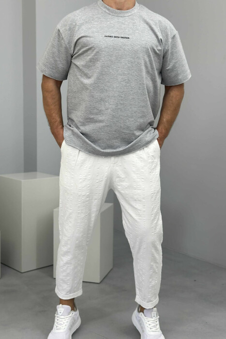 T-SHIRT I THJESHTË ME SHKRIME PËR MESHKUJ NË NGJYRËN GRI E ZBARDHUR 