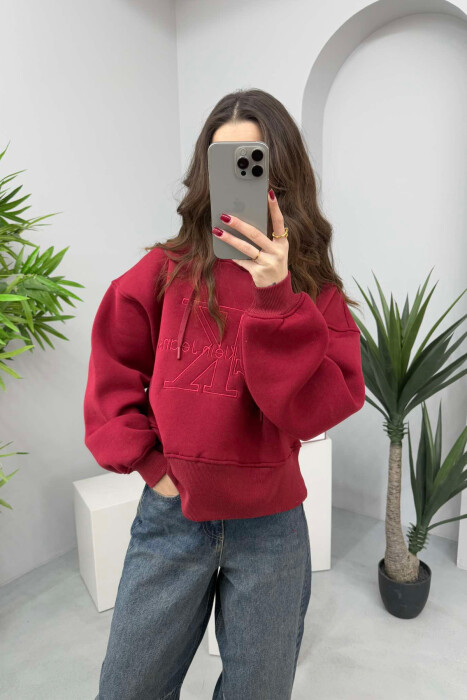 FRONT LOGO ONE COLOR FLUFFY WOMEN HOODIE BURGUNDY/VISHNJE 