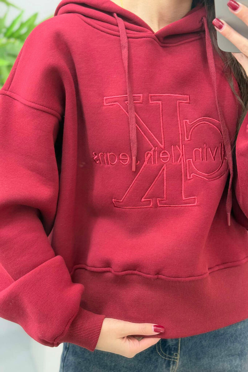 FRONT LOGO ONE COLOR FLUFFY WOMEN HOODIE BURGUNDY/VISHNJE - 2