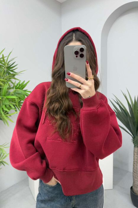 FRONT LOGO ONE COLOR FLUFFY WOMEN HOODIE BURGUNDY/VISHNJE - 4