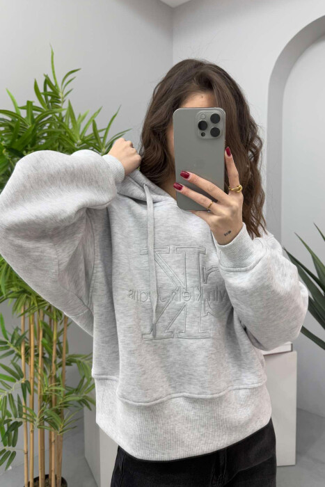 FRONT LOGO ONE COLOR FLUFFY WOMEN HOODIE LIGHT GREY/GZ 