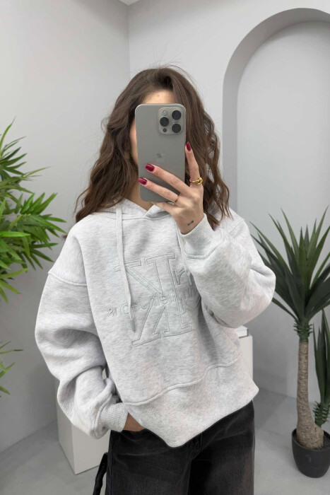 FRONT LOGO ONE COLOR FLUFFY WOMEN HOODIE LIGHT GREY/GZ - 2