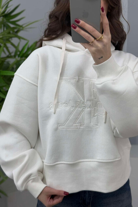 FRONT LOGO ONE COLOR FLUFFY WOMEN HOODIE WHITE-E BARDHE - 2