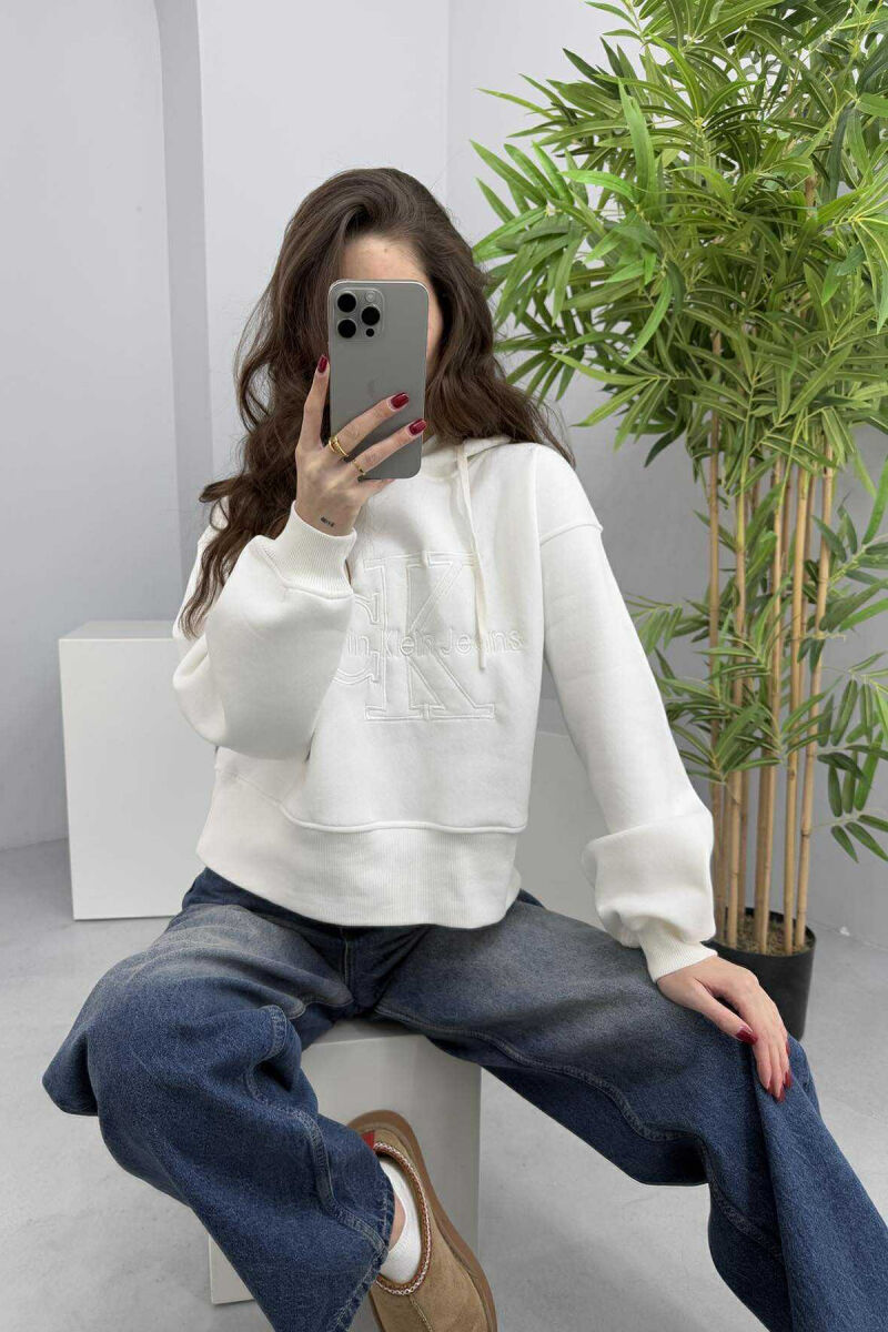 FRONT LOGO ONE COLOR FLUFFY WOMEN HOODIE WHITE-E BARDHE - 1