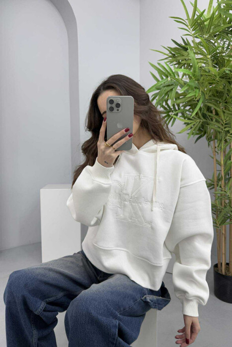 FRONT LOGO ONE COLOR FLUFFY WOMEN HOODIE WHITE-E BARDHE - 2