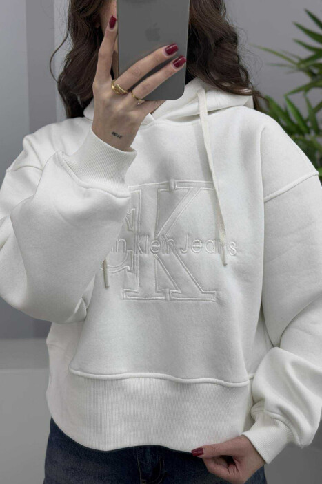 FRONT LOGO ONE COLOR FLUFFY WOMEN HOODIE WHITE-E BARDHE - 3