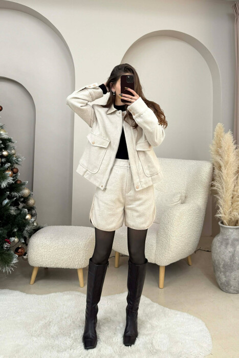 SET XHAKETE+PANTALLONA TE SHKURTA ME VIJA PER FEMRA NE NGJYRE BEZHE - KLAUDIO FASHION