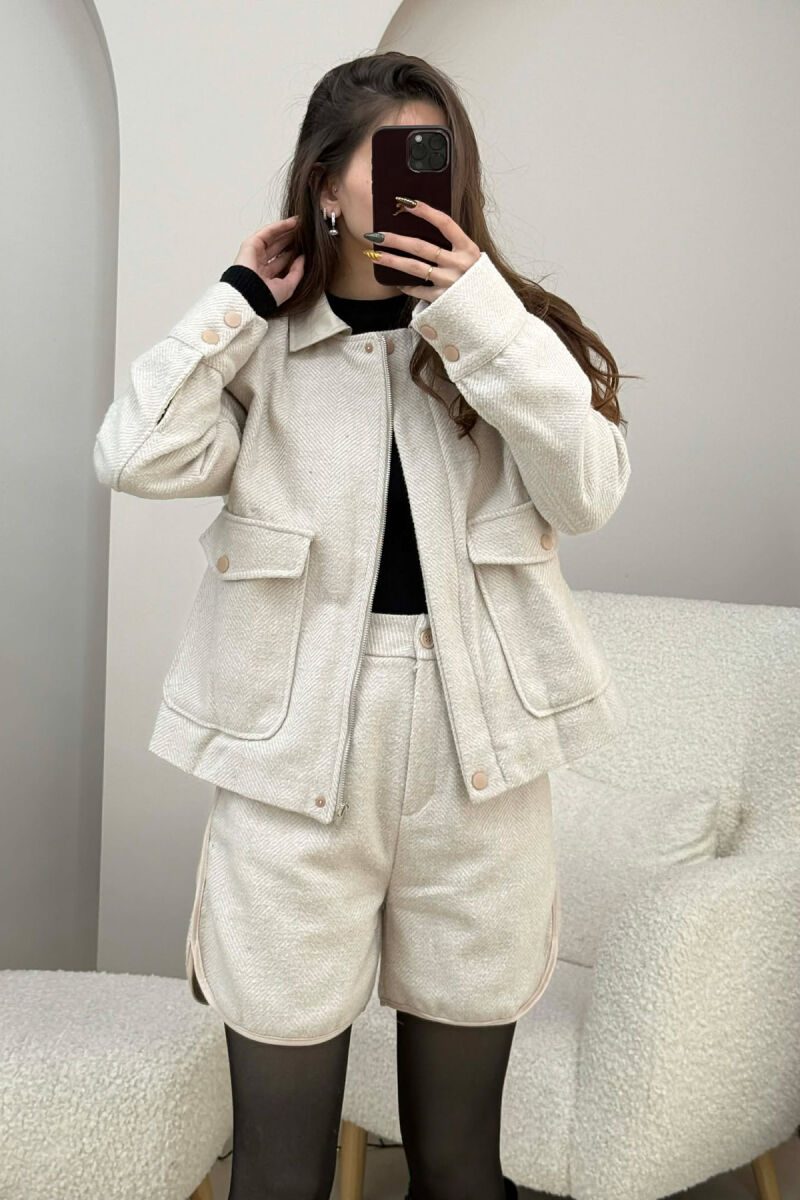 FRONT POCKET JACKET+SHORTS STRIPES WOMEN SET BEIGE/BEZHE - 2