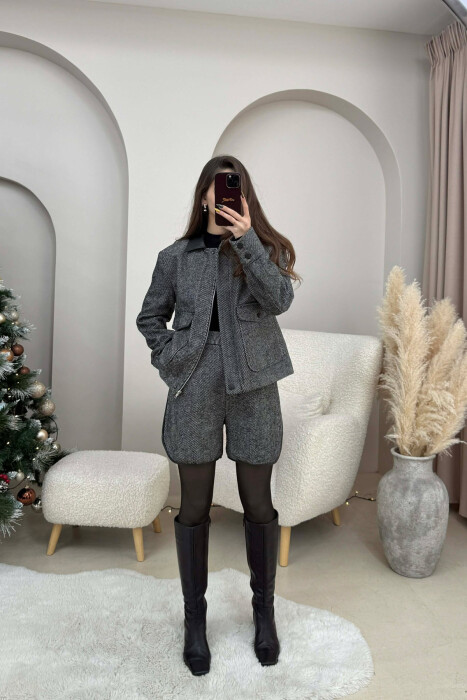 FRONT POCKET JACKET+SHORTS STRIPES WOMEN SET BLACK/ E ZEZE - 2