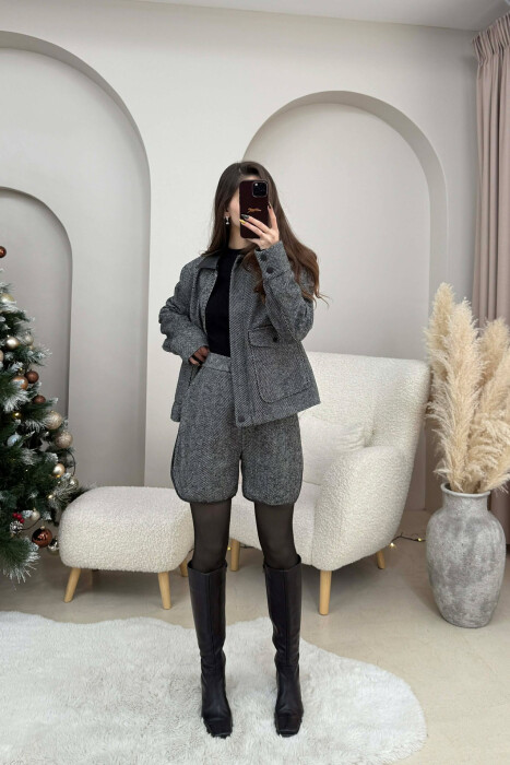 FRONT POCKET JACKET+SHORTS STRIPES WOMEN SET BLACK/ E ZEZE 