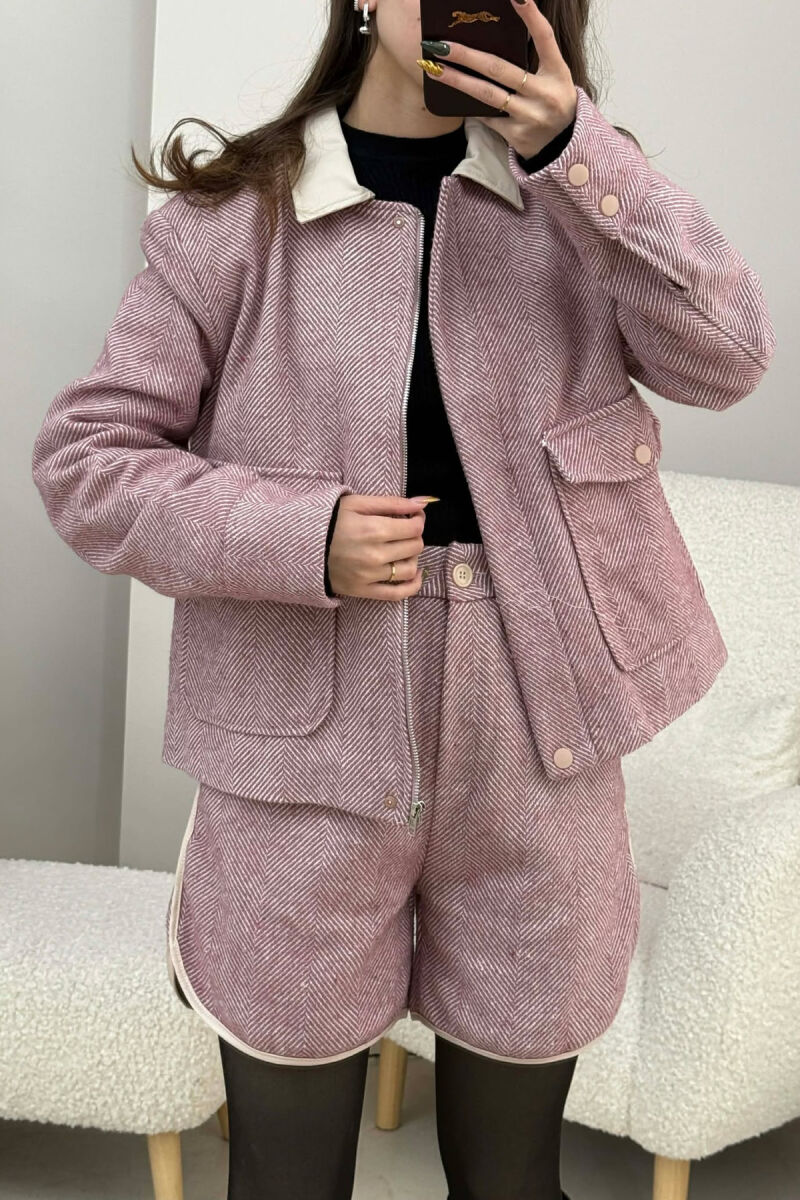 FRONT POCKET JACKET+SHORTS STRIPES WOMEN SET POWDER/PUDER - 3