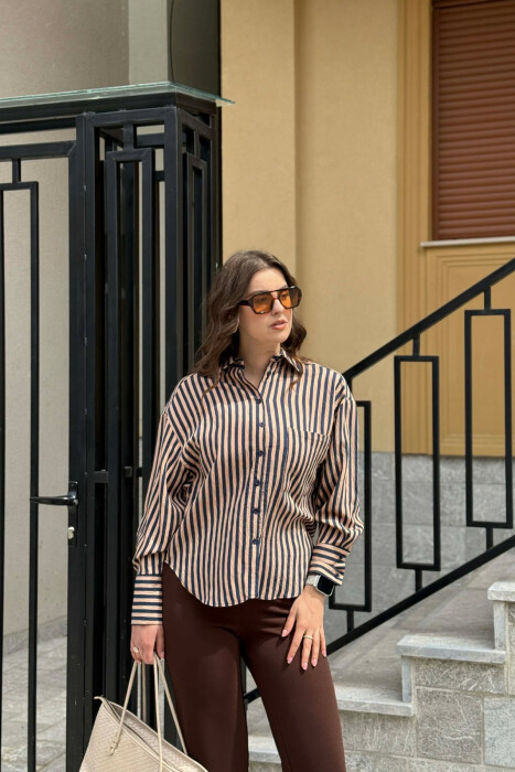 FRONT POCKET LINES DESIGN WOMAN SHIRT BLUE-BEIGE/BLBZH 