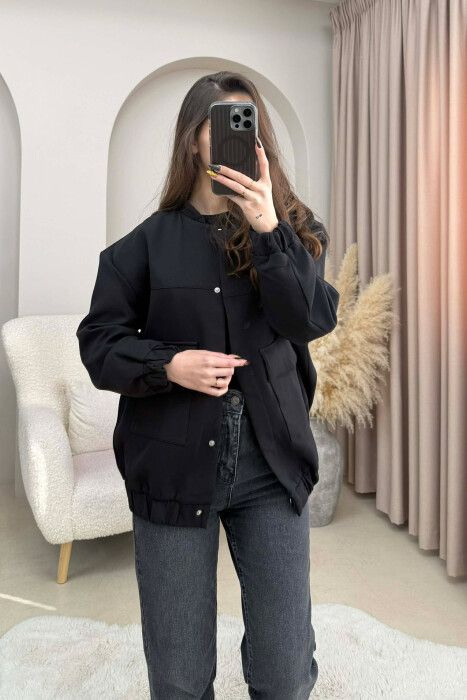 FRONT POCKETS DETAIL ONE COLOR WOMEN JACKET BLACK/ E ZEZE - 3