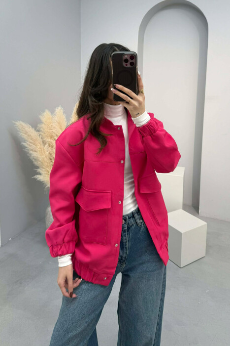 FRONT POCKETS DETAIL ONE COLOR WOMEN JACKET FUCHSIA/CIKLAMI - KLAUDIO FASHION