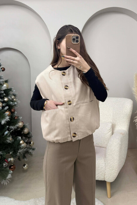FRONT POCKETS DETAIL ONE COLOR WOMEN VEST BEIGE/BEZHE - 