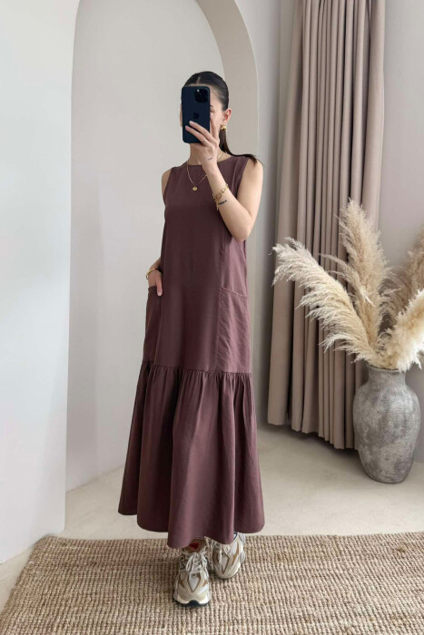 FRONT POCKETS DETAIL WOMEN DRESS BROWN/KAFE - 4