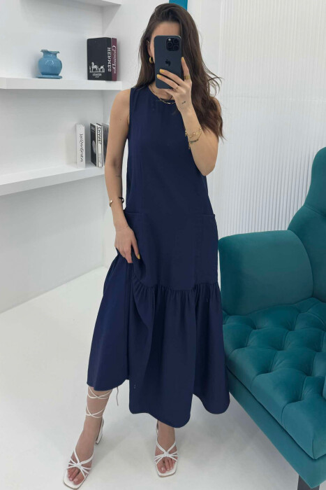 FRONT POCKETS DETAIL WOMEN DRESS DARK BLUE/BEE 