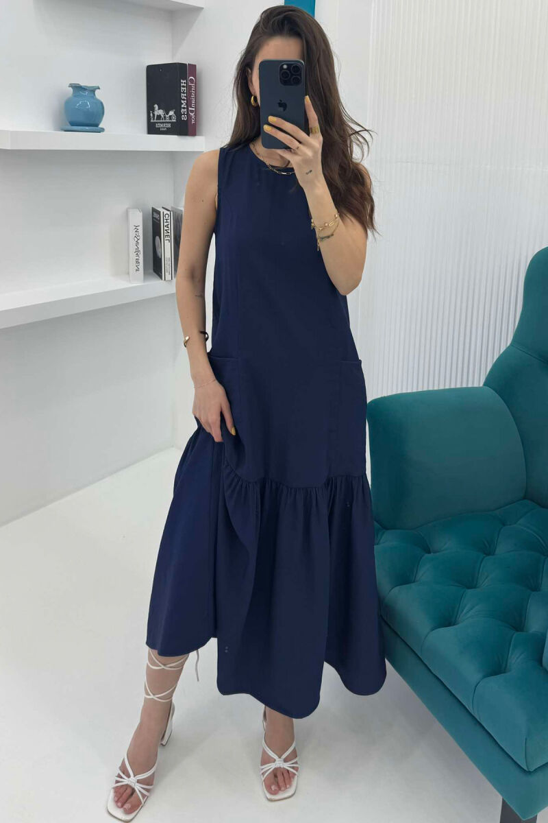 FRONT POCKETS DETAIL WOMEN DRESS DARK BLUE/BEE - 1