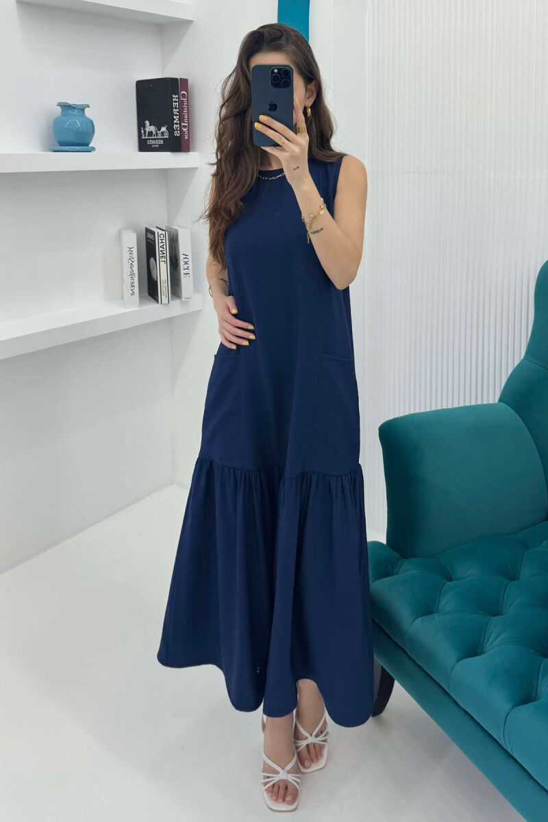 FRONT POCKETS DETAIL WOMEN DRESS DARK BLUE/BEE - 2