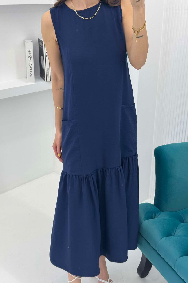 FRONT POCKETS DETAIL WOMEN DRESS DARK BLUE/BEE - 3