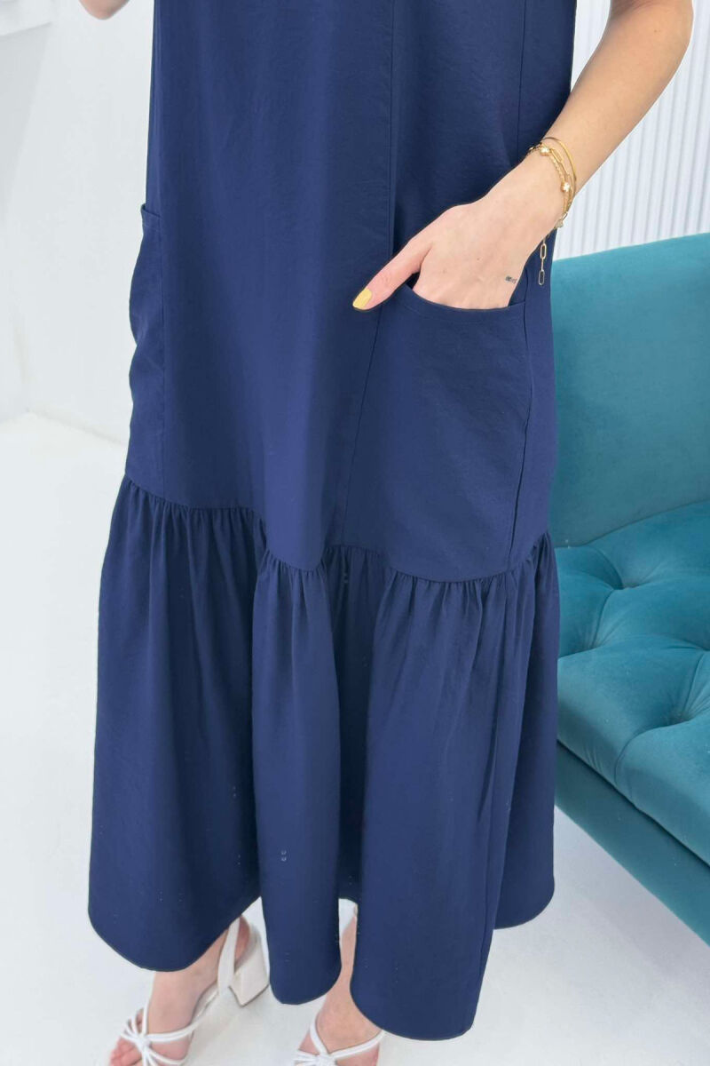 FRONT POCKETS DETAIL WOMEN DRESS DARK BLUE/BEE - 4