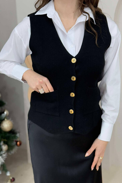 FRONT POCKETS GOLD BUTTONS WOMEN VEST BLACK/ E ZEZE - 4