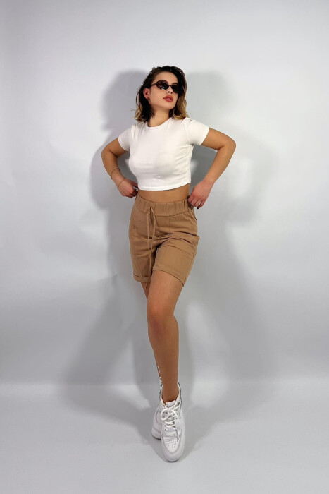 FRONT POCKETS ONE COLOR WOMEN SHORTS BEIGE/BEZHE 