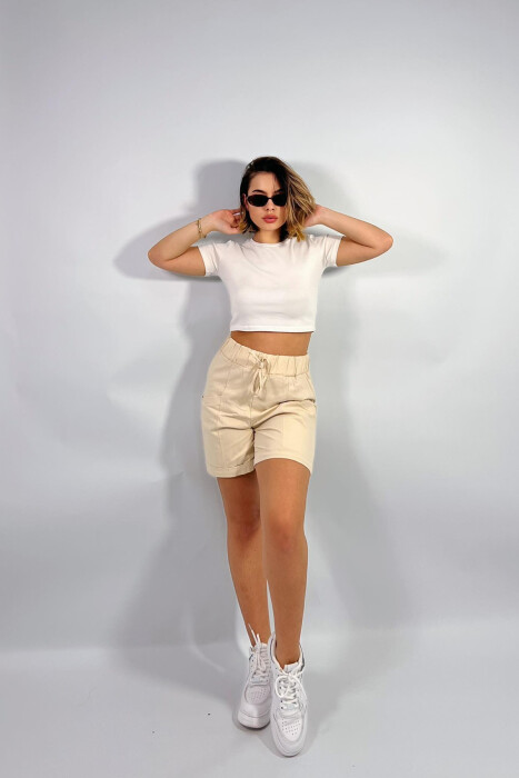 FRONT POCKETS ONE COLOR WOMEN SHORTS CREAM/KREM - 3