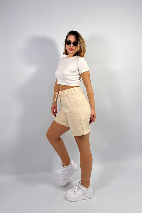 FRONT POCKETS ONE COLOR WOMEN SHORTS CREAM/KREM - 5