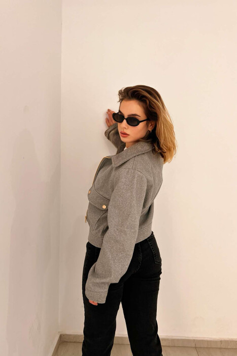 FRONT POCKETS SHORT WOMEN JACKET IN GREY COLOR - 2