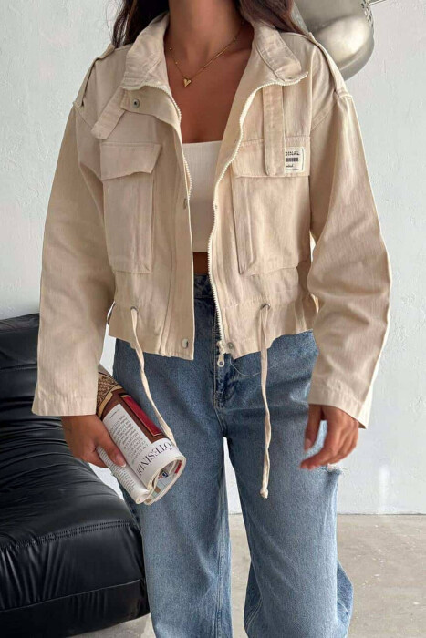 FRONT POCKETS ZIPPER WOMEN JACKET IN CREAM COLOR - 1