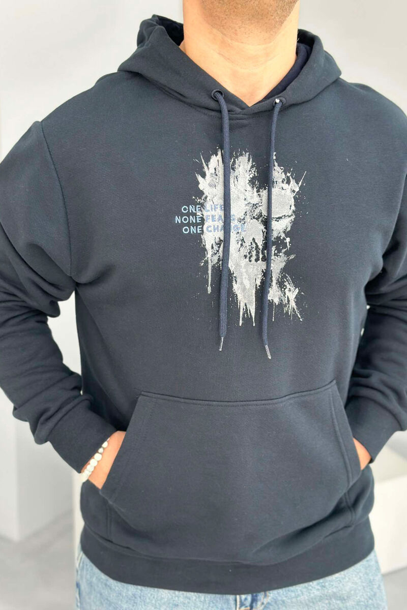 FRONT SKULL DESIGN MEN HOODIE DARK BLUE/BEE - 2