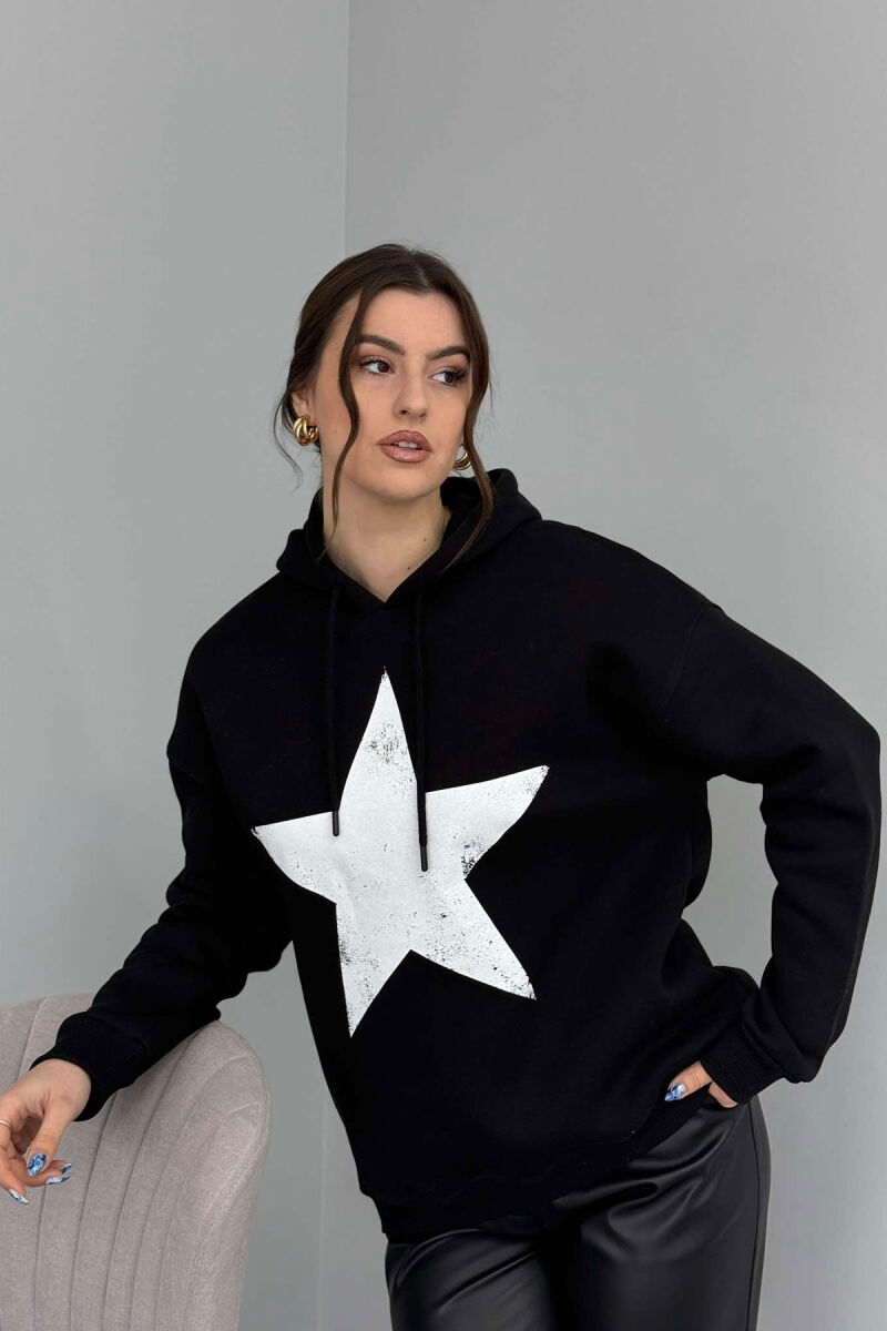 FRONT STAR LOGO ONE COLOR WOMEN HOODIE BLACK/ E ZEZE - 1