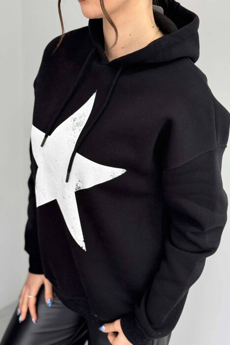 FRONT STAR LOGO ONE COLOR WOMEN HOODIE BLACK/ E ZEZE - 5