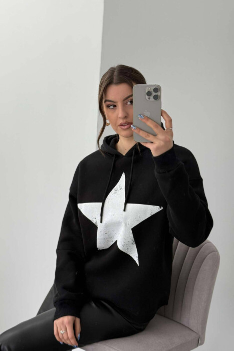 FRONT STAR LOGO ONE COLOR WOMEN HOODIE BLACK/ E ZEZE - 6