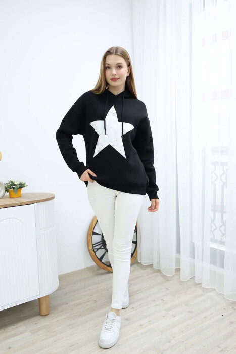 FRONT STAR LOGO ONE COLOR WOMEN HOODIE BLACK/ E ZEZE - 1