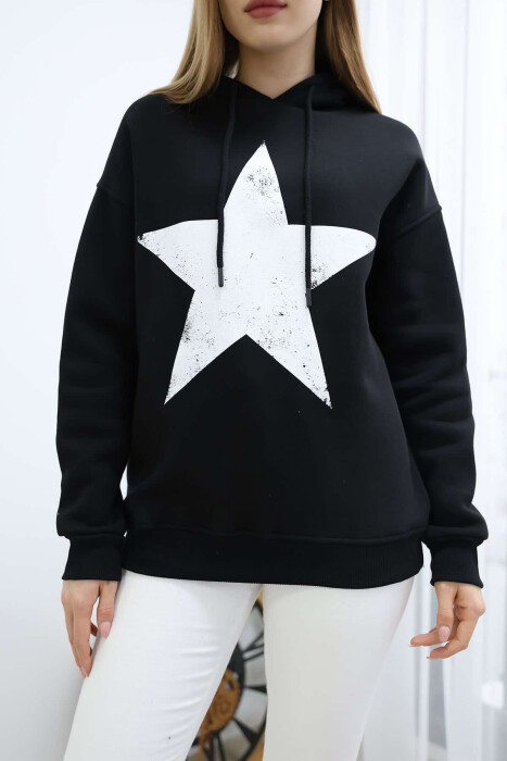 FRONT STAR LOGO ONE COLOR WOMEN HOODIE BLACK/ E ZEZE - 3