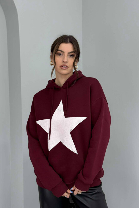 FRONT STAR LOGO ONE COLOR WOMEN HOODIE BURGUNDY/VISHNJE - 5