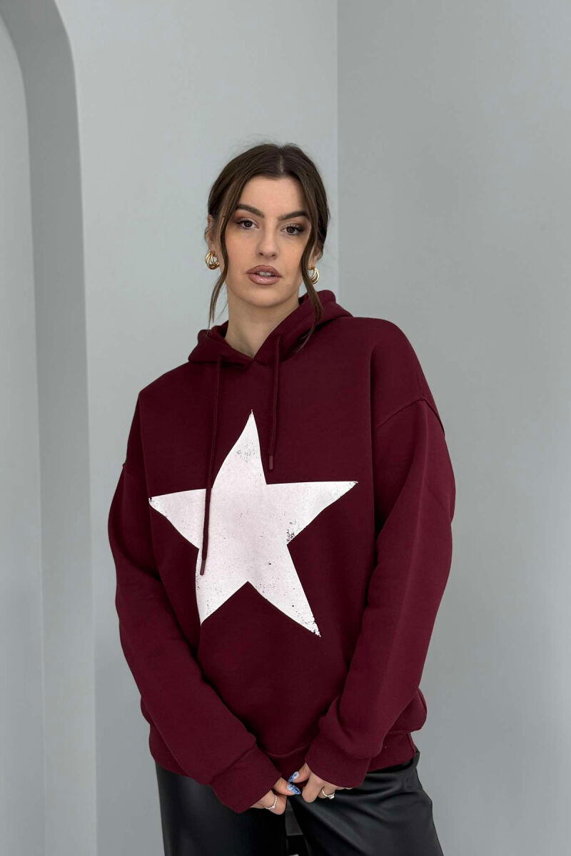 FRONT STAR LOGO ONE COLOR WOMEN HOODIE BURGUNDY/VISHNJE - 2